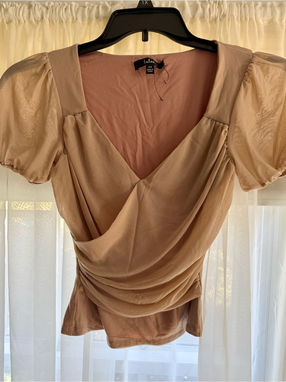 Lulu's Nude Draped Puff-Sleeve V-Neck Top